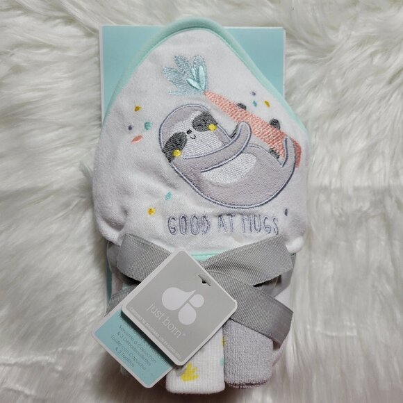 Just Born Sloth Themed Hooded Towel & Washcloth Set - Picture 1 of 6